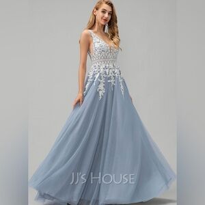JJs House Blue Sleeveless V-neck Prom Gown
